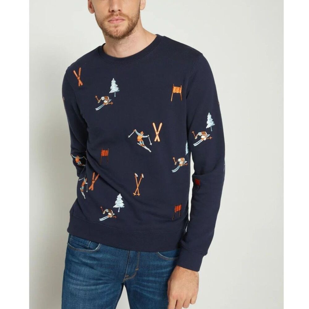 Scotch & Soda, Ski Artwork Crewneck Sweatshirt, XL 100% Cotton Navy Embroidered